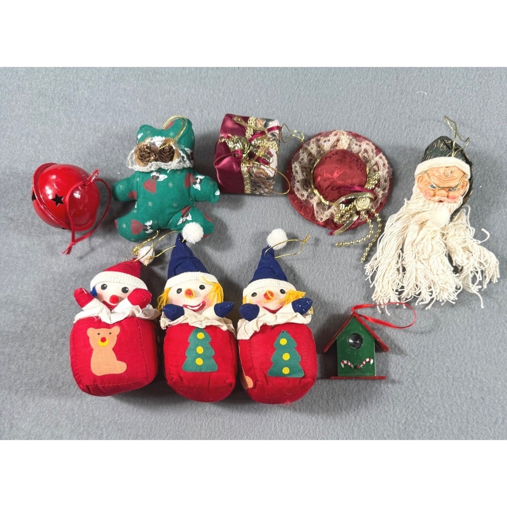 Vintage 80s 90s‎ Christmas Ornament Lot Stuffed Dolls Santa Bell Birdhouse Decor